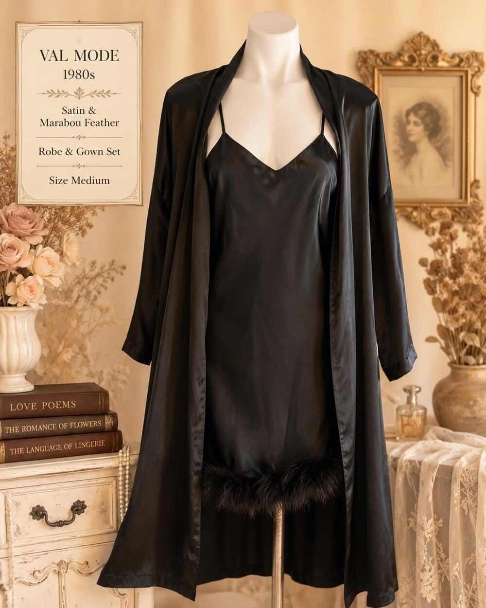 Vintage Val Mode 1980s Black Satin Marabou Feather Gown and Robe Set Medium